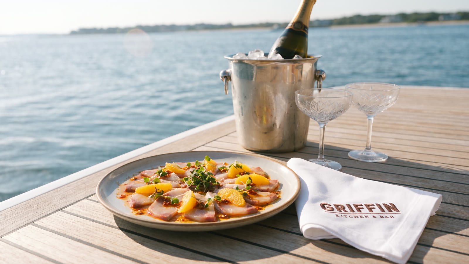 Crudo and champagne served on deck